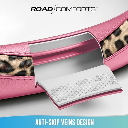 Road Comforts Steering Wheel Cover - Made with PVC Leather and Leopard Fabric - Universal 14 1/2 inches to 15 inches for Most Automotive Steering Wheel - Cheetah Print -Pink - color: Round-Pink