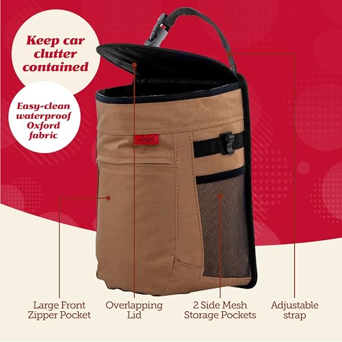 Lusso Gear Spill-Proof Car Trash Can - Easy to Clean Hanging Garbage Bin - Leak-Proof Lid, Removable Liner, Waterproof - Keeps Truck, SUV, Car, Minivan Clean & Odor Free - 2.5 Gallon Tan Car Trash Can - color: 1-Pack Tan