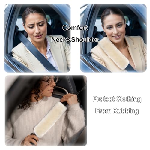 AOGELAN Fluffy Fuzzy Genuine Sheepskin Car Seat Belt Covers for Soft Auto Lambswool Seatbelt Pads, Shoulder Strap Cushion Adults Kids (2, Light Brown) - color: Light Brown