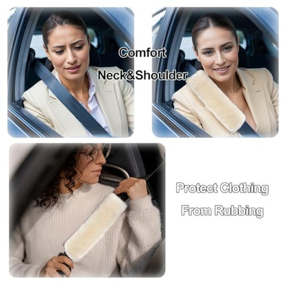 AOGELAN Fluffy Fuzzy Genuine Sheepskin Car Seat Belt Covers for Soft Auto Lambswool Seatbelt Pads, Shoulder Strap Cushion Adults Kids (2, Light Brown) - color: Light Brown