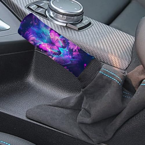 KEIAHUAN 2 Pack Purple Butterfly Car Gear Shift Knob Cover & Handbrake Cover Breathable Anti-Slip Comfy Gear Shift Covers Universal for Most Cars,Sedans,SUVs - color: Butterfly-purple