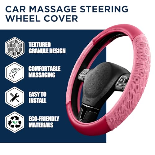PIC AUTO Massage Steering Wheel Cover, Pink Football Pattern Material Spliced & Hotpink Leather Car Steering Wheel Cover, Car Steering Cover, Universal Fit 14.5"-15.5" for Cars, Trucks, Van, SUVs - color: Hotpink