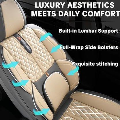 Khaki Car Seat Cover Complete Set, Universal Car Seat Cover for Car with Lumbar Support, Premium Artificial Leather, Waterproof and Easy to Clean, Airbag Compatible, Seat Heating Compatible - color: Khaki
