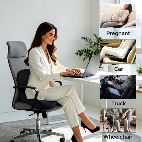Ergonomic Seat Cushion with Adjustable Strap, Memory Foam Office Chair Seat Cushion with L-Shaped Design, Car Seat Cushion Fits for Truck Driver Semi Truck, Gaming Chair, Desk, Black - color: Black