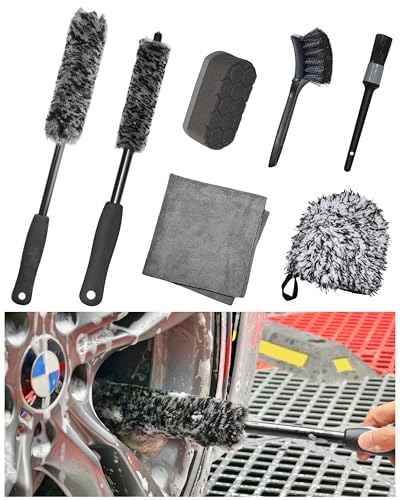 oesee 7PCS Pro-Grade Wheel Cleaning Kit: Long Handle Soft Wheel Brushes, Detailing Brush, Tire Scrubber, Wash Mitt, Hex-Logic Applicator & Microfiber Towel for Deep Car Detailing - size: 7 Packs