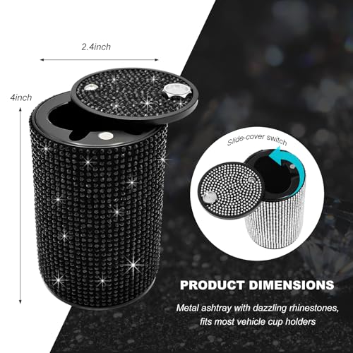 Bling Car Ashtray with Lid, Rhinestones Fireproof Auto Cup Holder Cigarette Ash Tray, Smokeless Crystal Diamond Ashtray Mini Trash Can for Women Girls, Car Accessories (Black) - color: Black