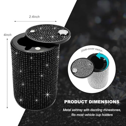 Bling Car Ashtray with Lid, Rhinestones Fireproof Auto Cup Holder Cigarette Ash Tray, Smokeless Crystal Diamond Ashtray Mini Trash Can for Women Girls, Car Accessories (Black) - color: Black