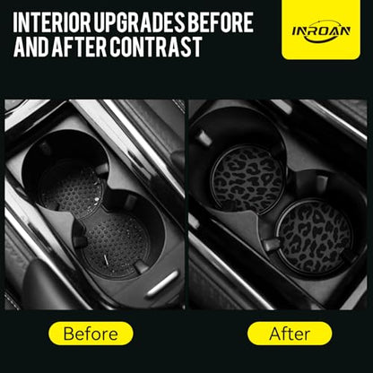 Black Leopard Print Steering Wheel Cover for Women, Universal Fit 14.5-15 Inch with Non-Slip Grip and Thermal Control, Includes 2 Ceramic Absorbent Cup Coasters, Compatible with Cars, SUVs, Trucks.