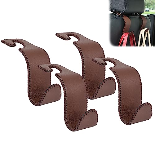 Amooca Car Seat Headrest Hook Universal Vehicle Storage Hanger Leather with Metal Car Seat Back Organizer for Handbag Purse Coat Brown 4 Pack - color: Brown, size: 4 Pack