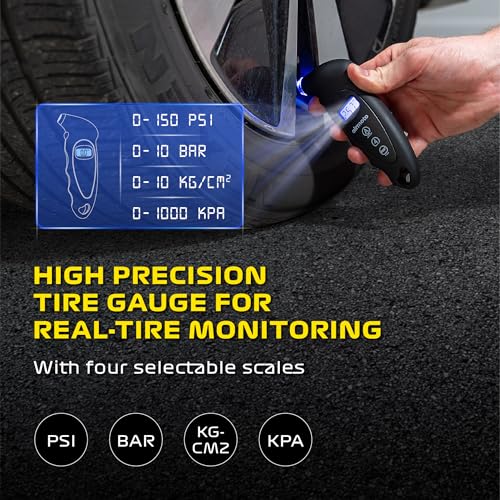 Airmoto Digital Tire Pressure Gauge 0-150PSI (Accurate in 0.1 Increments) - Heavy Duty Tire Pressure Gauge for Car, Bike, Motorcycle, Truck with Backlight LCD, Car Accessories, Black