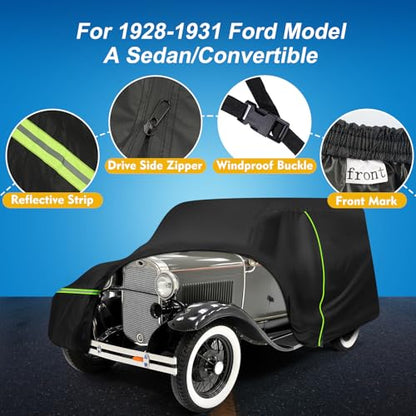 QUNSUNUS Waterproof Car Cover for Ford Model A Sedan/Convertible 1928-1931, All Weather Outdoor Car Covers with Zipper and Elastic Edges for Wind, Sun, UV and Dust Protection - size: for Ford Model A Sedan/Convertible