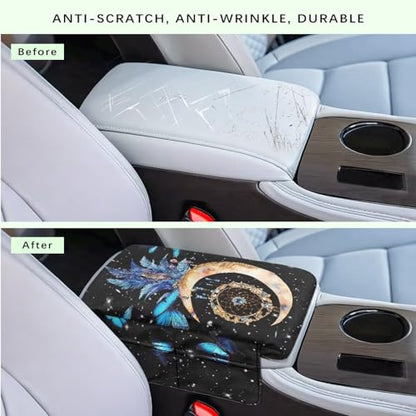 Butterfly Center Console Armrest Cover for Most Vehicles, Dream Catcher Print Console Protector for Most Car Center Consoles, Prevent Pets Scratches, with Side Pockets - color: Butterfly Dream Catcher