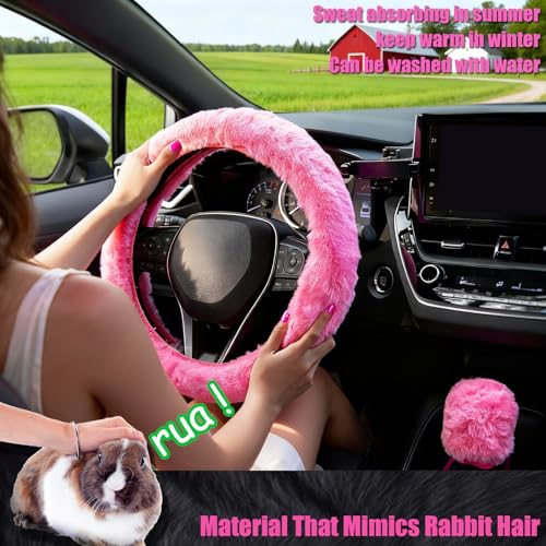 Furry Car Steering Wheel Cover with Fluffy Gear Shift Cover and Center Console Cover, Soft Warm Plush Non-Slip, 14 1/2-15 inch, for Women Girls 3 PCS Set, Pink - color: 3 pcs set - pink