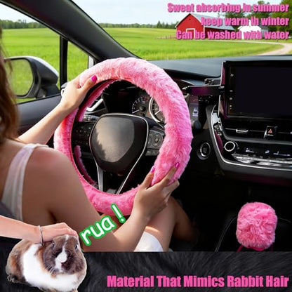 Furry Car Steering Wheel Cover, Fluffy Cover, Soft Warm Plush Non-Slip, 14 1/2-15 inch, for Women Girls, Pink - color: single cover - pink
