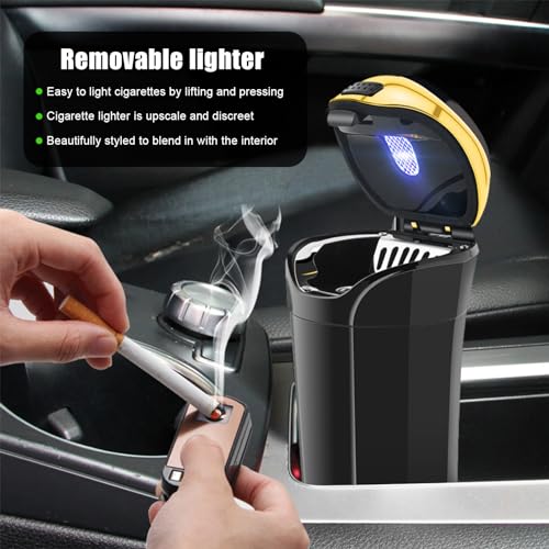 Car Ashtray with Lid, Detachable USB Rechargeable Auto Cigarette Lighter with Blue LED Light, Portable Smell Proof Stainless Car Ash Tray, Mini Automotive Trash Can (Golden) - color: Golden