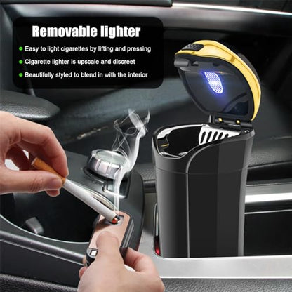 Car Ashtray with Lid, Detachable USB Rechargeable Auto Cigarette Lighter with Blue LED Light, Portable Smell Proof Stainless Car Ash Tray, Mini Automotive Trash Can (Golden) - color: Golden