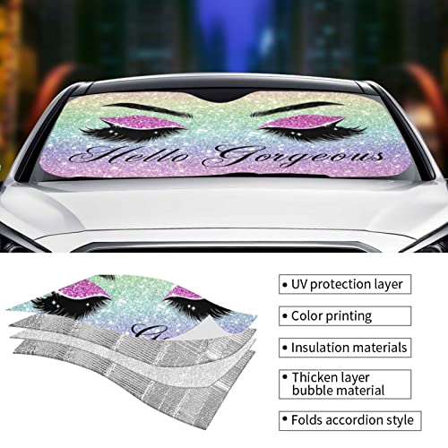 Car Windshield Sun Shade Glittering Purple Eyelash Car Front Sunshade for Most Sedans SUV Truck Auto Sun Blocker Visor Blocks UV Rays Keeps Your Vehicle Cool-55 x 29.9 Inch - color: Hello Gorgeous