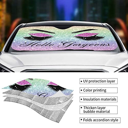 Car Windshield Sun Shade Glittering Purple Eyelash Car Front Sunshade for Most Sedans SUV Truck Auto Sun Blocker Visor Blocks UV Rays Keeps Your Vehicle Cool-55 x 29.9 Inch - color: Hello Gorgeous