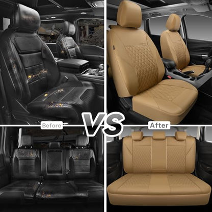 CAR PASS Faux Leather Seat Covers Full Set, Quilting Waterproof Premium Automotive Seat Cover with 5mm Composite Sponge Inside,Airbag Compatible, Universal for Most Cars Sedan SUV Truck, All Beige - color: Full Beige, size: Full Set (Front and Rear)