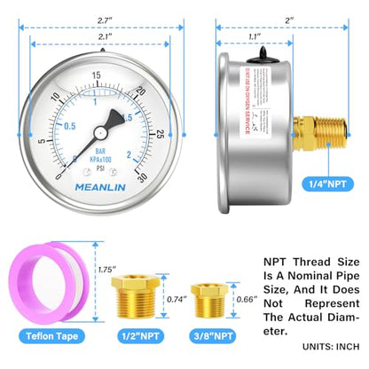 MEANLIN MEASURE 0~30Psi Stainless Steel 1/4" NPT 2.5" FACE DIAL Liquid Filled Pressure Gauge WOG Water Oil Air Center Back Mount, with 1/2" NPT and 3/8" NPT Hex Bushing - size: 0-30psi