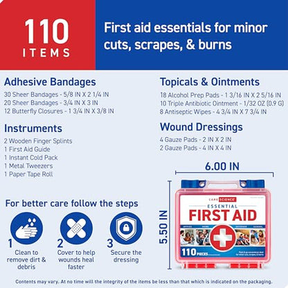 Care Science First Aid Kit, 110 Pieces | Professional Use for Travel, Work, School, Home, Car, Emergency, Survival, Camping, Hiking, and More