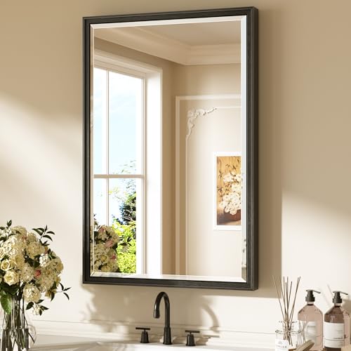 Keonjinn 24" x 36" Black Bathroom Mirror, Brushed Black Framed Mirror for Wall, Beveled Tempered Glass, Decorative Wide Frame, Rustproof, Rectangular Bathroom Vanity Mirrors with Square Corner - color: Black, size: 36"L x 24"W