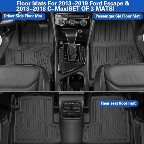All Weather Rubber Floor Mats Compatible with 2013-2019 Ford Escape & 2013-2018 C-Max, 3Pcs Car Automotive Floor Mats & Cargo Liners Black (2013-2019 Escape & C-Max) - color: 2013-2019 Escape & C-Max
