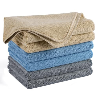 POLYTE Microfiber Cleaning Towel (16x24, 6 Pack, Professional, Blue,Camel,Gray)