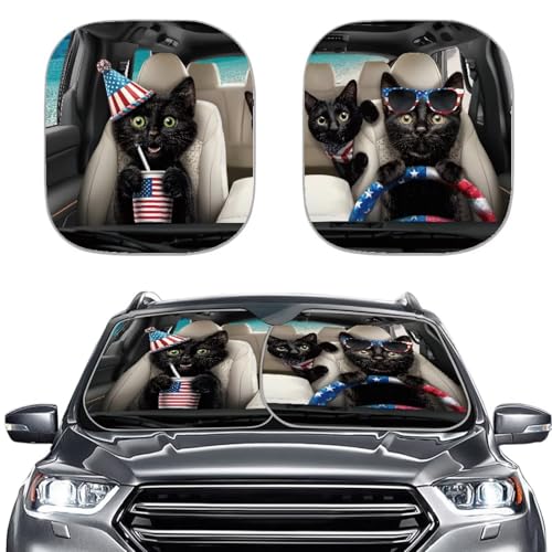 Windshield Sun Shade Funny Black Cat Car Shade Front Windshield Cover Blocks UV Sun, 2 Pieces Automotive Interior Decor Accessories for Sun Protection - color: Black Cat American Flag