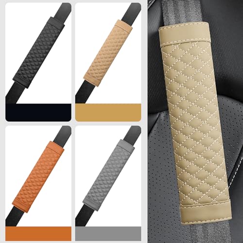 2PCS Car Seat Belt Cover Pad,Soft Leather Seatbelt Covers Breathable Seatbelt Cushion with Plaid Design,All Seasons Universal Car Interior Accessories Seat Belt Cover for Kids & Adults (Beige) - color: Beige