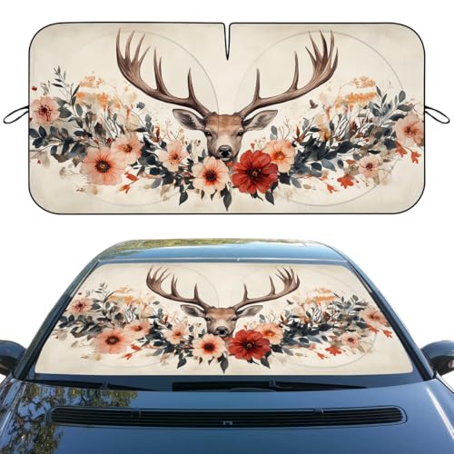 Deer Car Windshield Sunshades Flowers Rustic Floral Farmhouse Animal Front Window Sun Shade Block UV Rays Sun Shade Visor Protector for Car Sedan Truck SUV Accessories 59" L x 31.5" W - color: Deer