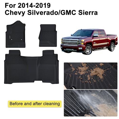 Floor Mats for 2014-2018 Chevy Chevrolet Silverado/GMC Sierra 1500 Crew Cab,2015-2019 Silverado/Sierra 2500HD 3500HD Crew Cab,TPE All Weather Protection Car Floor Liners Accessories - size: For 2014-19 Silverado Floor Mat（Non EV）