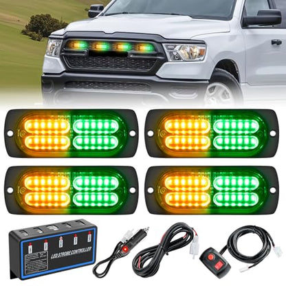 Nilight 4PCS Amber Green Strobe Lights 24LED Emergency Hazard Warning Light Sync Feature Ultra Slim Surface Mount with Controller and Cigarette Lighter Plug for Truck Car Vehicle - color: Amber Green w/Controller