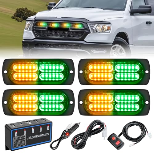 Nilight 4PCS Amber Green Strobe Lights 24LED Emergency Hazard Warning Light Sync Feature Ultra Slim Surface Mount with Controller and Cigarette Lighter Plug for Truck Car Vehicle - color: Amber Green w/Controller
