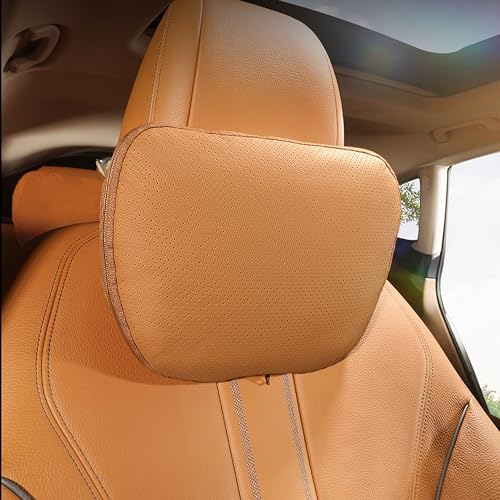 Genuine Leather Car Neck Pillow for headrest,Support Drive Seats Head Cushion,Real Cow Leather,Plant-Based Polyester,Thickness & Height Adjustable,Inner Liner fillable(Orange Brown,1p) - color: Orange Brown, size: 1P Cowhide Leather neck pillow