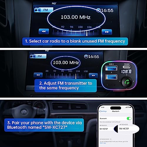 SYNCWIRE Bluetooth 5.3 FM Transmitter Car Adapter 38W [Light Switch] [HiFi Bass Sound] [Fast Charging] Wireless Radio Music Adapter LED Display Hands-Free Calling Support USB Drive - color: Dark Blue, style: 38W