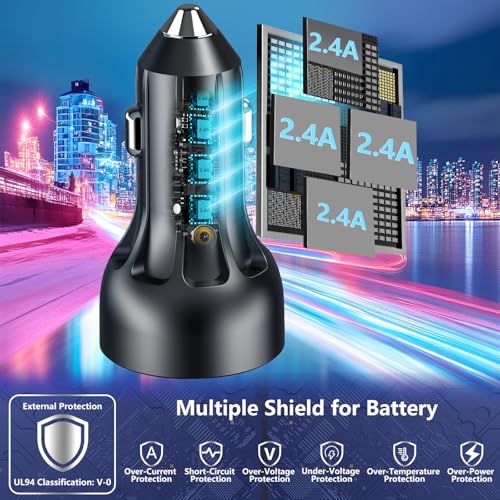 USB Car Carplay Charger, Rombica 4-Port 4.8A USB Car Power Adapter, 4 in 1 48W Fast Charging Cigarette Lighter for iPhone 17 17 Pro Max 16 15 14 13 12 11 Pro, Galaxy S26 S25 S24 S23, Pixel, iPad Pro - color: Deep Black