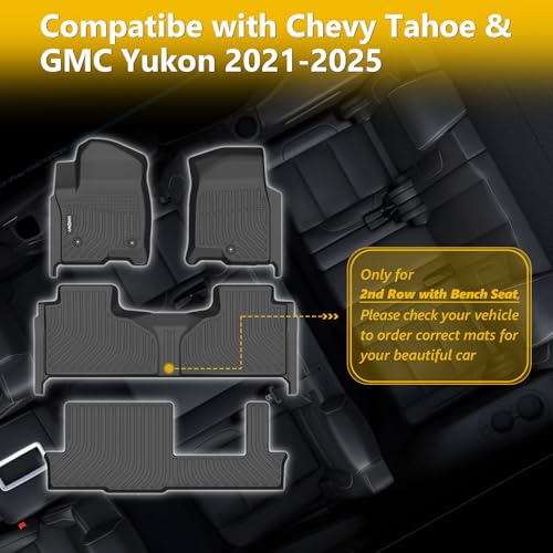 GINOWY- Floor Mats & Cargo Liner for Chevy Tahoe 2021-2025 2026 & GMC Yukon 8 Seat Bench Seat, TPE All Weather Car Mats for Chevrolet Tahoe Non-Slip Trunk Mat Waterproof Accessories Floor Liners Black - style: 5) for Chevy Tahoe 2021-2026 Full Set with ba