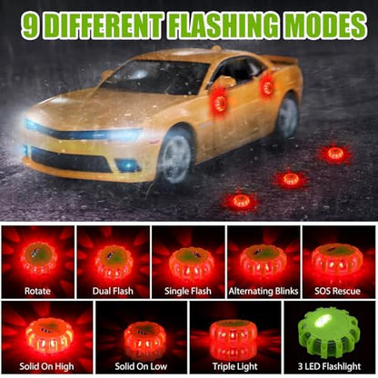 Tallew 12 Pack LED Road Flares Emergency Lights Roadside 9 Flash Modes Warning Car Safety Beacon Magnet Hook Flashing Disc Flare Kit for Vehicles Car Truck Boats Holiday Gift(Green)