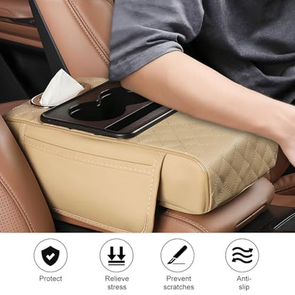 Car Armrest Cushion, 5-in-1 Nappa Leather Vehicle Centre Console Cover with 2 Storage Pockets, Cup Phone & Phone Holder, Multifunctional Auto Organiser Accessories, Universal Fit (Beige) - color: Beige