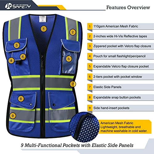 JKSafety Women Hi-Vis Reflective Safety Vest | Neon Color body Sewed Reflective Strips Breathable Lightweight ANSI Compliant - color: V168-blue, size: Small
