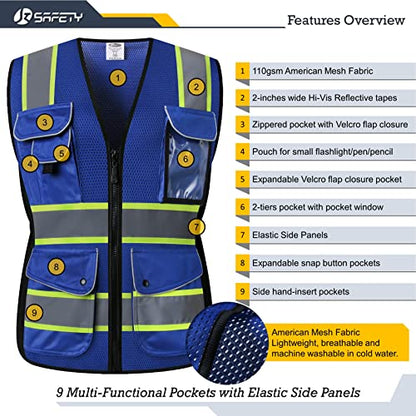 JKSafety Women Hi-Vis Reflective Safety Vest | Neon Color body Sewed Reflective Strips Breathable Lightweight ANSI Compliant - color: V168-blue, size: X-Large