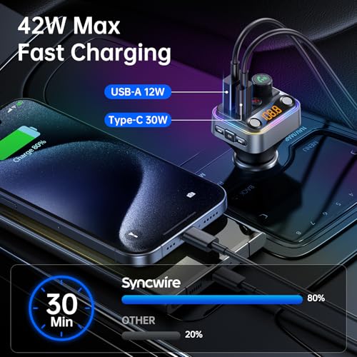 Syncwire Bluetooth 5.4 FM Transmitter Car Adapter 42W [Light Switch] [Stronger Dual-mic] [HiFi Bass Sound] [Fast Charging] Wireless FM Radio Music Adapter Hands-Free Calling Support USB Drive, Silver - color: Silver