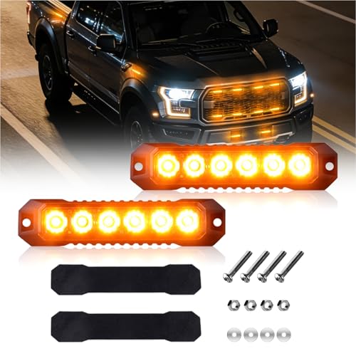 6-LED Amber Emergency Strobe Light Bar, 2PCS Safety Warning Flashing Beacon Sync Feature Lights, Caution Hazard Grille Surface Mount Lamp for Vehicles Trucks Buses ATVS RV Tows Cars