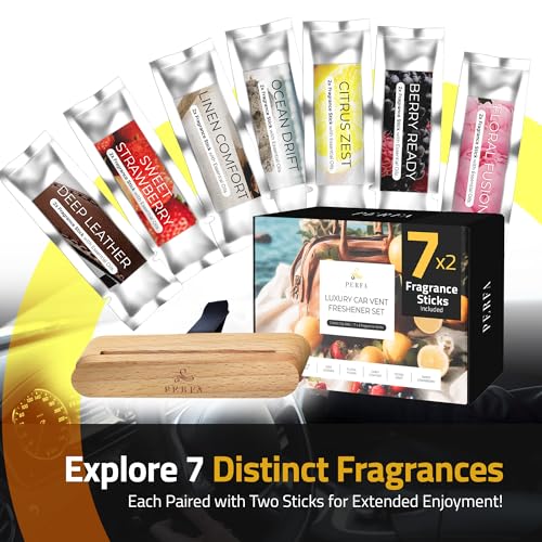 Premium Wooden Car Air Freshener Vent Clip | Box of 7 Scents Long Lasting Car Air Freshener with Magnetic Clip | Infused with Essential Oils | 60 Days' Worth of Car Scents by Perfa