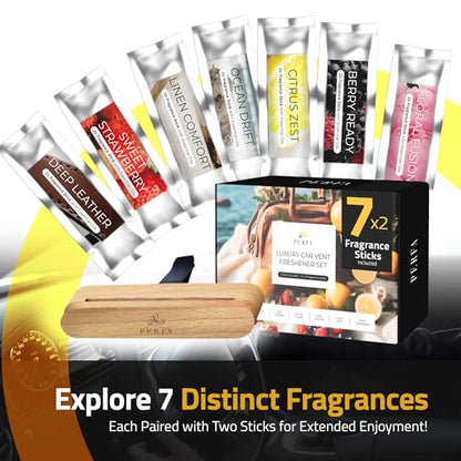 Premium Wooden Car Air Freshener Vent Clip | Box of 7 Scents Long Lasting Car Air Freshener with Magnetic Clip | Infused with Essential Oils | 60 Days' Worth of Car Scents by Perfa