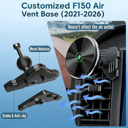 Car Vent Wireless Charger Magnetic Phone Mount Compatible with 2021-2026 Ford F-150, 2023-2026 Super Duty F250/F350/F450, Metal Phone Holder Cradles Bracket Stand for All Smartphones (No Socket Arm) - style: Magnetic Charging