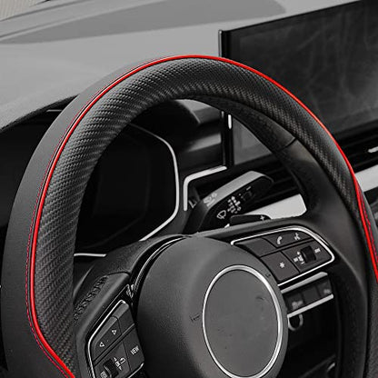 YHONGJT Soft Microfiber Leather Anti-Slip Car Steering Wheel Cover, Universal 15 Inch, Fit Vehicles, Sedans, SUVS, Vans, Trucks - Black with Red Line - color: E-Black with Red Line
