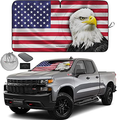 Autoamerics 1-Piece Windshield Sun Shade New American Eagle Flag USA Patriotic Design - Foldable Car Front Window Sunshade for Sedans SUV Truck - Blocks Max UV Rays and Keeps Your Vehicle Cool - Large - color: USA EAGLE FLAG, size: LARGE = 64 x 33.5 inche