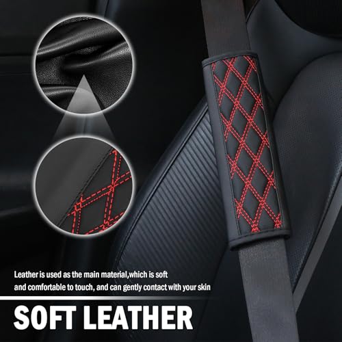 2PCS Diamond-Shaped Stitching Car Seatbelt Covers,Stylish Car Seatbelt Cushion Relieves Shoulder and Neck Fatigue as Cars Decorations,Leather Cars Seat Belt Cover Pad (Red) - color: Red